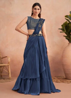 Blue Chinon Silk Embroidered Ready Pleated Saree Party Wear -Deals Chic Lehenga Store blue chinon silk embroidered ready pleated saree saska36337311b u