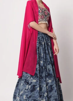 Blue Chinon Silk Printed Umbrella Lehenga Choli Party Wear