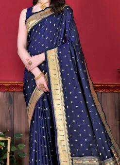 Blue Color Litchi Silk Weaving Work Saree Party Wear