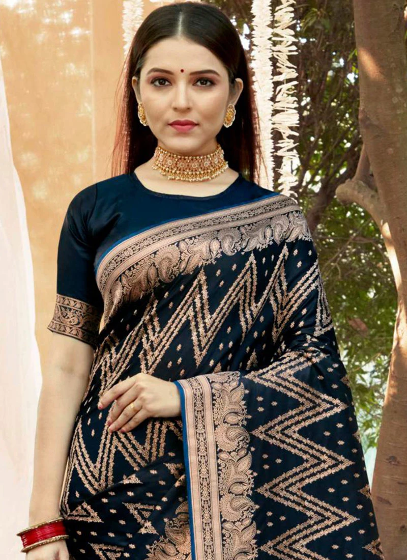 Blue Color Woven Work Satin Silk Saree Festive Wear 4 Blue Color Woven Work Satin Silk Saree Festive Wear - Image 4