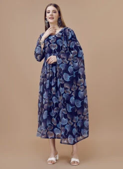 Blue Faux Georgette Digital Print Fit And Flare Dress After Six Wear -Deals Chic Lehenga Store blue faux georgette digital print fit and flare dress drssck6006 u