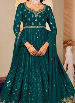 Blue Faux Georgette Embroidered Anarkali Suit Party Wear