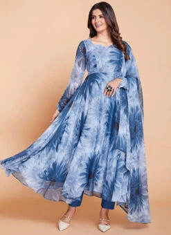 Blue Faux Georgette Printed Anarkali Suit Party Wear -Deals Chic Lehenga Store blue faux georgette printed anarkali suit slska4652247 u