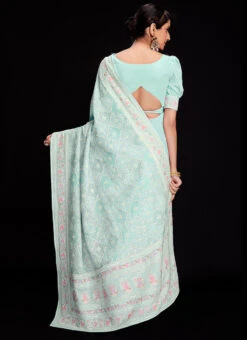 Blue Faux Georgette Sequins Chikankari Saree Party Wear -Deals Chic Lehenga Store blue faux georgette sequins chikankari saree sasad70012 b