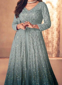 Blue Faux Georgette Sequins Work Umbrella Lehenga Party Wear