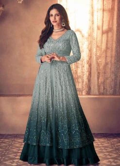 Blue Faux Georgette Sequins Work Umbrella Lehenga Party Wear -Deals Chic Lehenga Store blue faux georgette sequins work umbrella lehenga ghska4553123o u