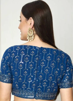 Blue Georgette Embroidered Boat Neck Blouse Wedding Wear -Deals Chic Lehenga Store blue georgette embroidered boat neck blouse BLBS02307594 b