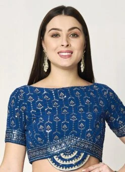 Blue Georgette Embroidered Boat Neck Blouse Wedding Wear -Deals Chic Lehenga Store blue georgette embroidered boat neck blouse BLBS02307594 u