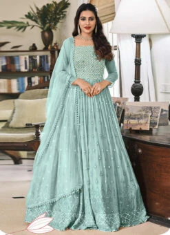 Blue Georgette Embroidered Designer Anarkali Suit Festive Wear -Deals Chic Lehenga Store blue georgette embroidered designer anarkali suit slsak32671381d u