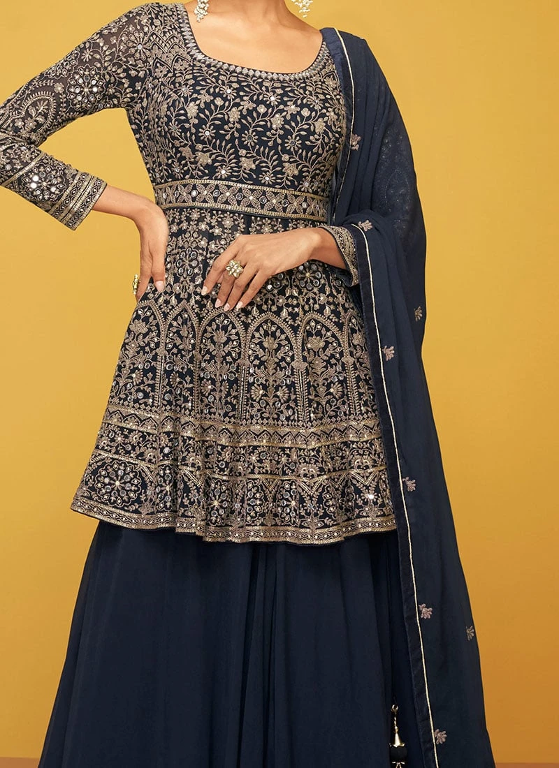 Blue Georgette Embroidery Long Choli Lehenga Party Wear 1 Blue Georgette Embroidery Long Choli Lehenga Party Wear