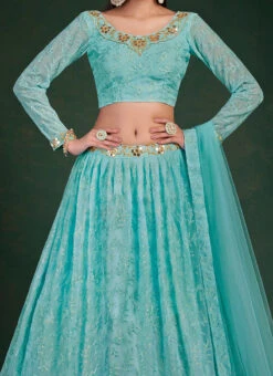 Blue Georgette Embroidery N Sequins Umbrella Lehenga Party Wear