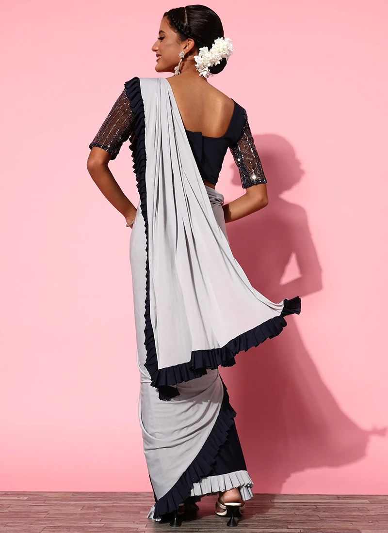 Blue Georgette Half N Half Saree Party Wear 4 Blue Georgette Half N Half Saree Party Wear - Image 4