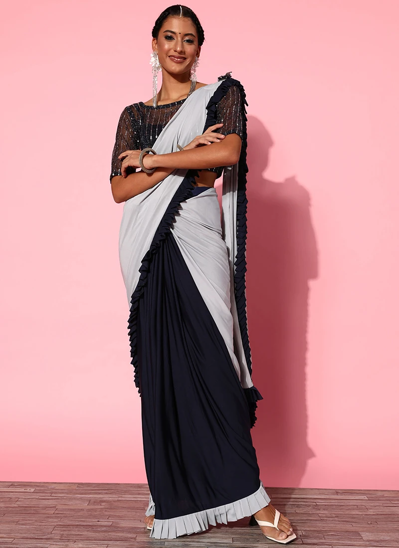 Blue Georgette Half N Half Saree Party Wear 3 Blue Georgette Half N Half Saree Party Wear - Image 3