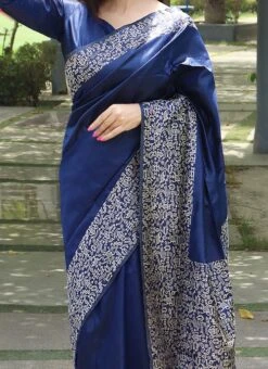 Blue Handloom Raw Silk Saree With Weaving Border Festive Wear