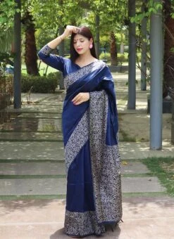 Blue Handloom Raw Silk Saree With Weaving Border Festive Wear -Deals Chic Lehenga Store blue handloom raw silk saree with weaving border sasvw321 u