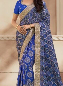 Blue Jacquard Silk Embroiderey N Zari Work Half N Half Saree Party Wear