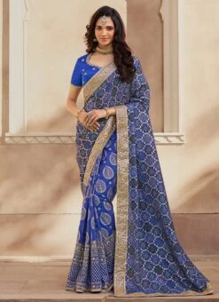 Blue Jacquard Silk Embroiderey N Zari Work Half N Half Saree Party Wear -Deals Chic Lehenga Store blue jacquard silk embroiderey n zari work half n half saree sasklk1006 u