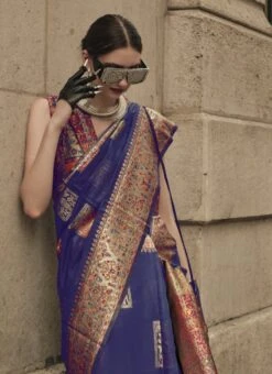 Blue Modal Satin Handloom Saree Festive Wear -Deals Chic Lehenga Store blue modal satin handloom saree sasgf343007 b