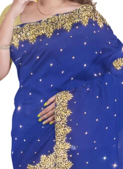 Blue N Beige Georgette Hand Work Half N Half Saree Festive Wear