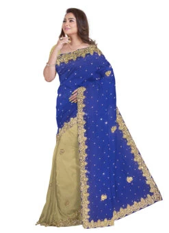 Blue N Beige Georgette Hand Work Half N Half Saree Festive Wear -Deals Chic Lehenga Store blue n beige georgette hand work half n half saree sadsf4137 u