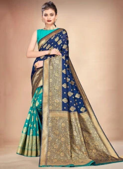 Blue Art Silk Half N Half Saree Festive Wear -Deals Chic Lehenga Store blue n pink art silk half n half saree sasli11786003 u