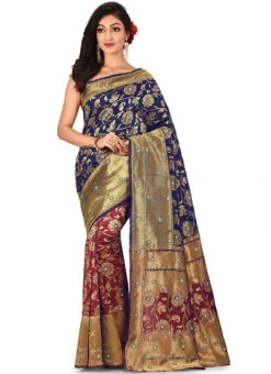 Blue N Red Kanchipuram Art Silk Half N Half Saree Festive Wear -Deals Chic Lehenga Store blue n red kanchipuram art silk half n half saree sadsf3504 u