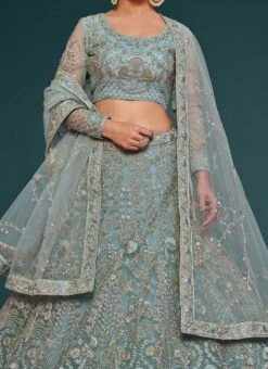 Blue Net Embroidered Work Umbrella Lehenga Choli Party Wear
