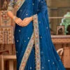 Blue Organza Thread N Sequins Work Saree Party Wear