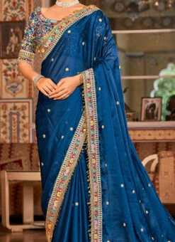 Blue Organza Thread N Sequins Work Saree Party Wear