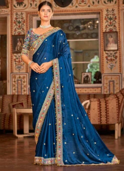 Blue Organza Thread N Sequins Work Saree Party Wear -Deals Chic Lehenga Store blue organza thread n sequins work saree sasak353328004 u