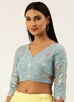 Blue Overlapped Style Blouse With Side Keyhole Wedding Wear -Deals Chic Lehenga Store blue overlapped style blouse with side keyhole BLBS02305265 u