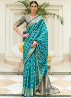 Blue Patola Silk Zari Work Saree Festive Wear -Deals Chic Lehenga Store blue patola silk zari work saree samkns939268003 u