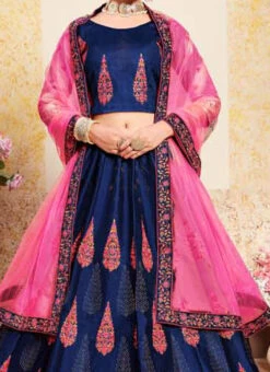 Blue Satin Embroidered Umbrella Lehenga Wedding Wear