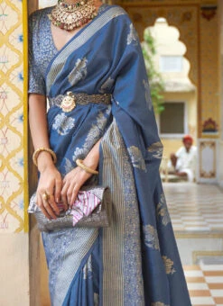 Blue Smooth Silk Foil Printed Saree Festive Wear