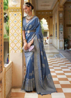 Blue Smooth Silk Foil Printed Saree Festive Wear -Deals Chic Lehenga Store blue smooth silk foil printed saree sasacu8049 u