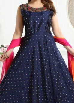 Blue Taffeta Embroidered Gown Party Wear