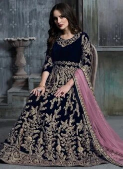 Blue Velvet Anarkali Suit Party Wear -Deals Chic Lehenga Store blue velvet anarkali suit slscc1601b b