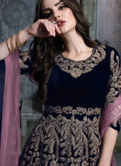 Blue Velvet Anarkali Suit Party Wear