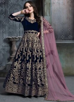 Blue Velvet Anarkali Suit Party Wear -Deals Chic Lehenga Store blue velvet anarkali suit slscc1601b u