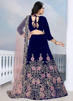 Blue Velvet Embroidered A Line Lehenga Party Wear -Deals Chic Lehenga Store blue velvet embroidered a line lehenga ghsyc129 b