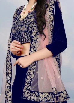 Blue Velvet Embroidered A Line Lehenga Party Wear
