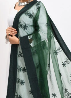 Bottle Green Organza Cotton Chikankari Embroidery Dupatta Work Wear