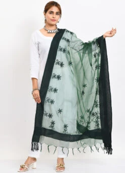 Bottle Green Organza Cotton Chikankari Embroidery Dupatta Work Wear -Deals Chic Lehenga Store bottle green organza cotton chikankari embroidery dupatta dpdmimfd116 u