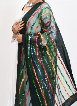 Bottle Green Organza Cotton Mirror Embroidery Dupatta Work Wear