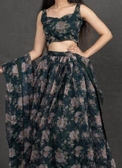 Bottle Green Organza Umbrella Lehenga Party Wear