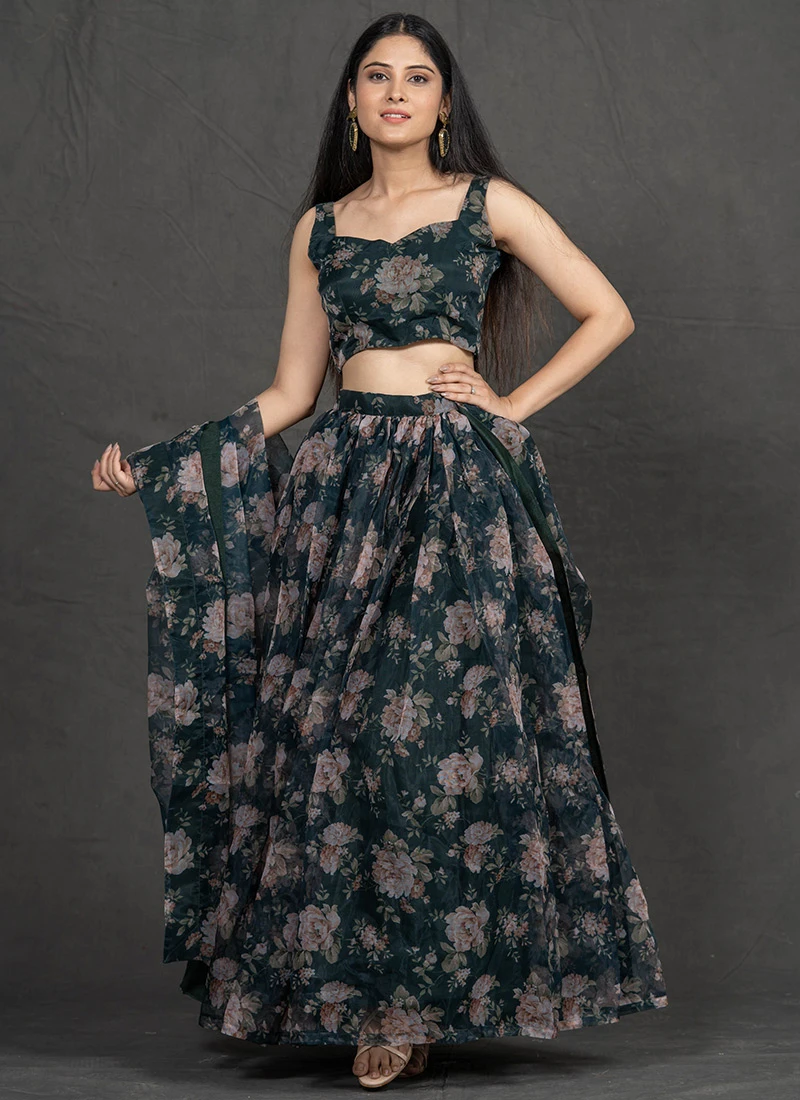 Bottle Green Organza Umbrella Lehenga Party Wear 3 Bottle Green Organza Umbrella Lehenga Party Wear - Image 3