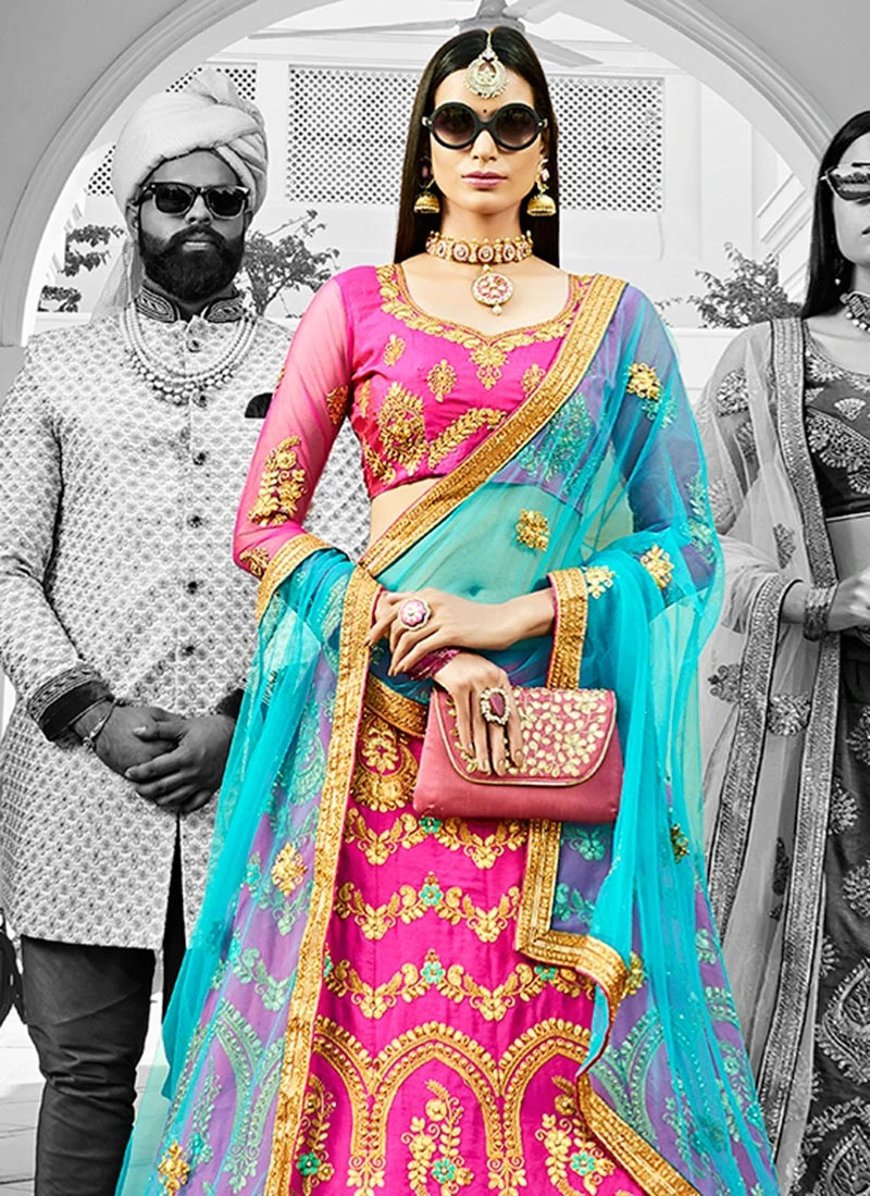 Bright Pink Art Silk A Line Lehenga Wedding Wear 4 Bright Pink Art Silk A Line Lehenga Wedding Wear - Image 4
