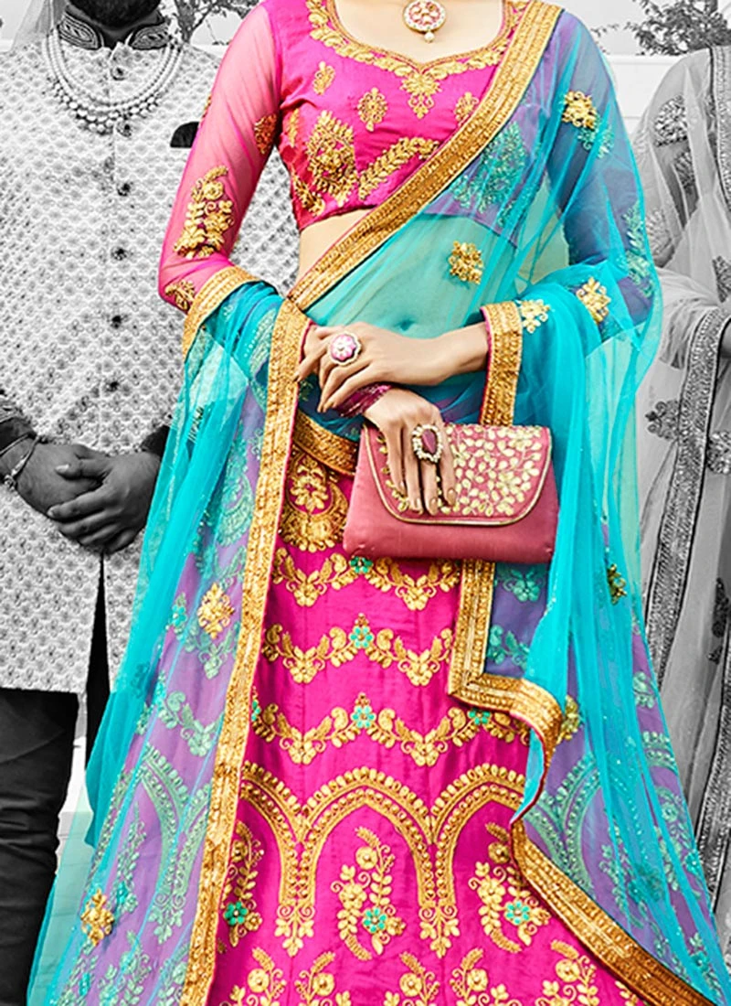 Bright Pink Art Silk A Line Lehenga Wedding Wear 1 Bright Pink Art Silk A Line Lehenga Wedding Wear