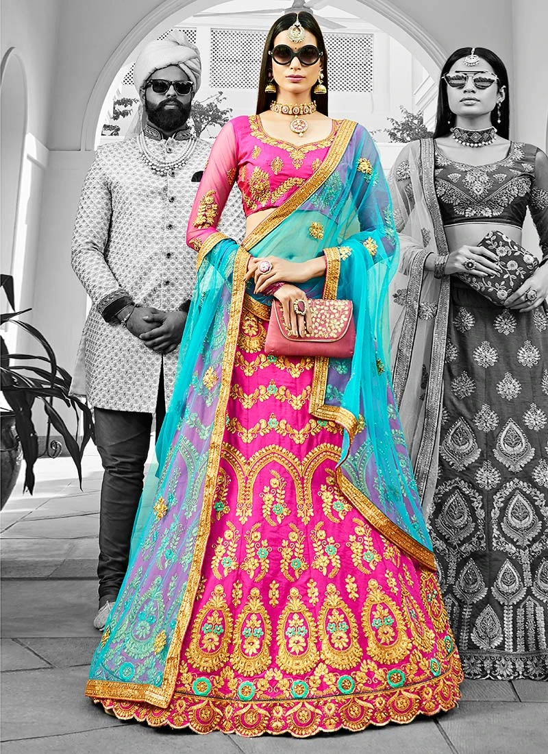 Bright Pink Art Silk A Line Lehenga Wedding Wear 3 Bright Pink Art Silk A Line Lehenga Wedding Wear - Image 3