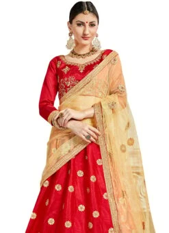 Bright Red Art Silk Embroidered A Line Lehenga Wedding Wear -Deals Chic Lehenga Store bright red art silk embroidered a line lehenga ghsssitpngt229102 b